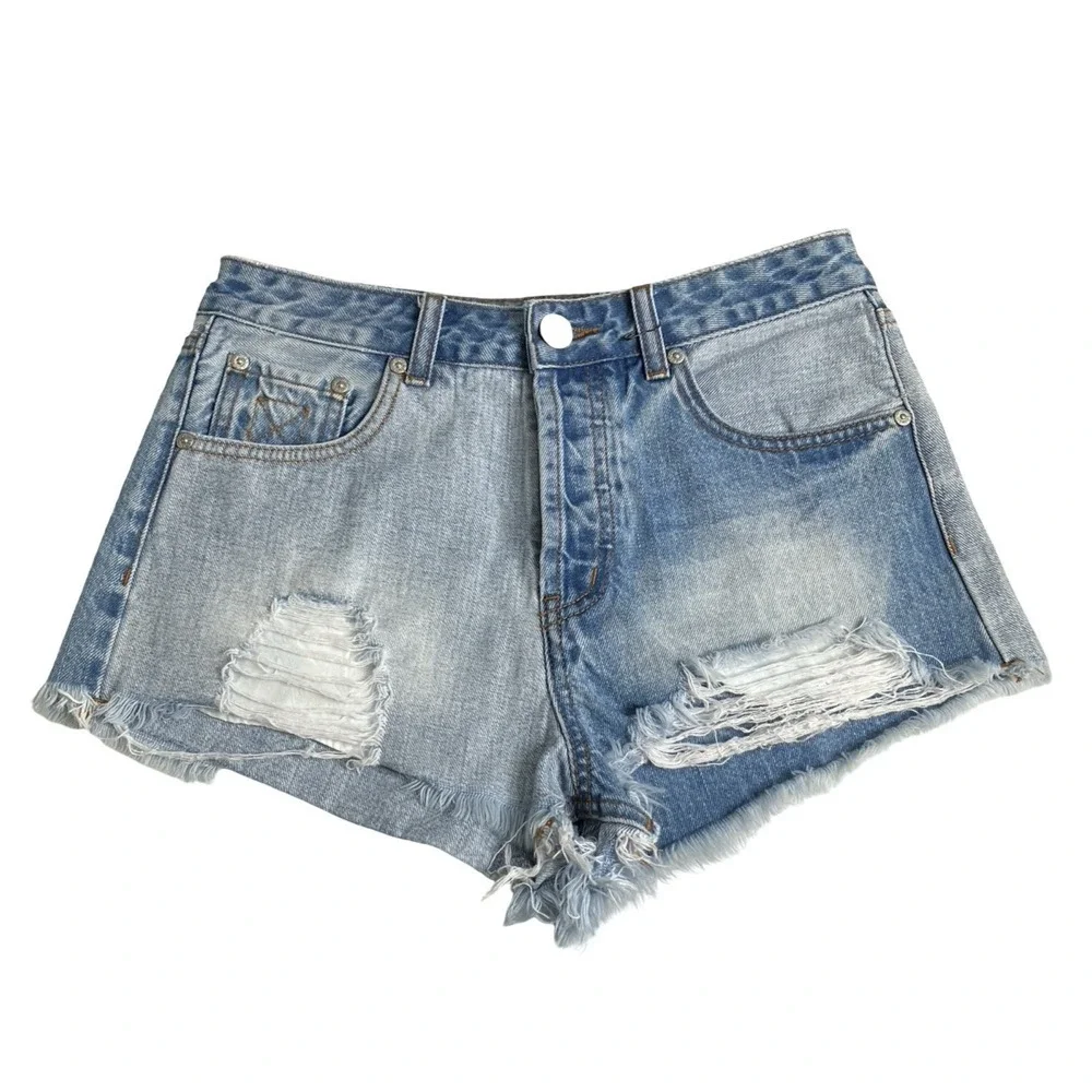 Superdown Distressed Daisy Duke Booty Shorts Womens 28 Button Fly Two Tone Denim